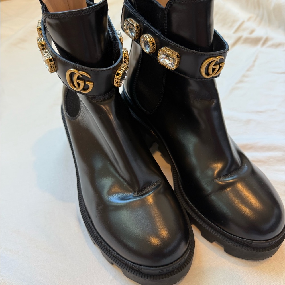 Gucci Calfskin Crystal GG Trip Chelsea Ankle Boots - Picture 2 of 8